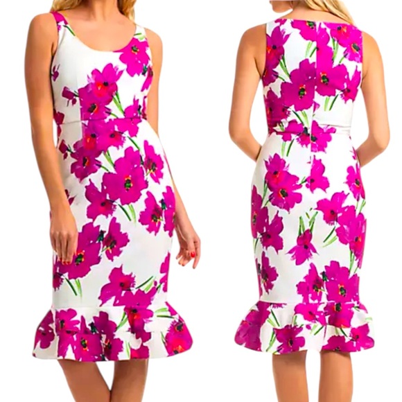 Trina Turk Dresses & Skirts - Trina Turk Sleeveless Fitted Sheath Outing Dress White Pink Floral Ruffle 2